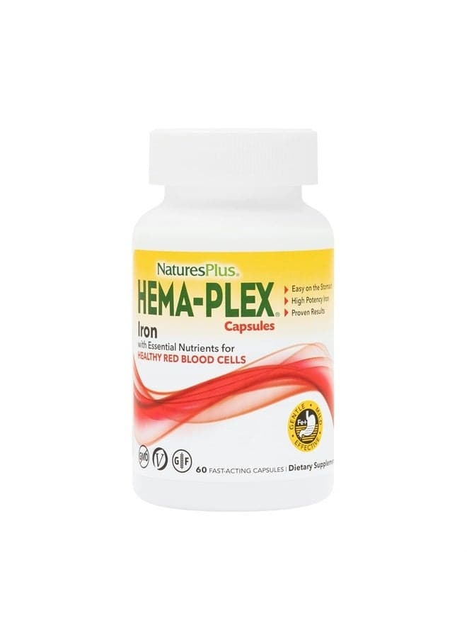 NaturesPlus Hema-Plex Iron - 60 Fast-Acting Capsules - 85 mg Elemental Iron + Vitamin C & Bioflavonoids for Healthy Red Blood Cells - Vegan, Gluten Free - 30 Servings