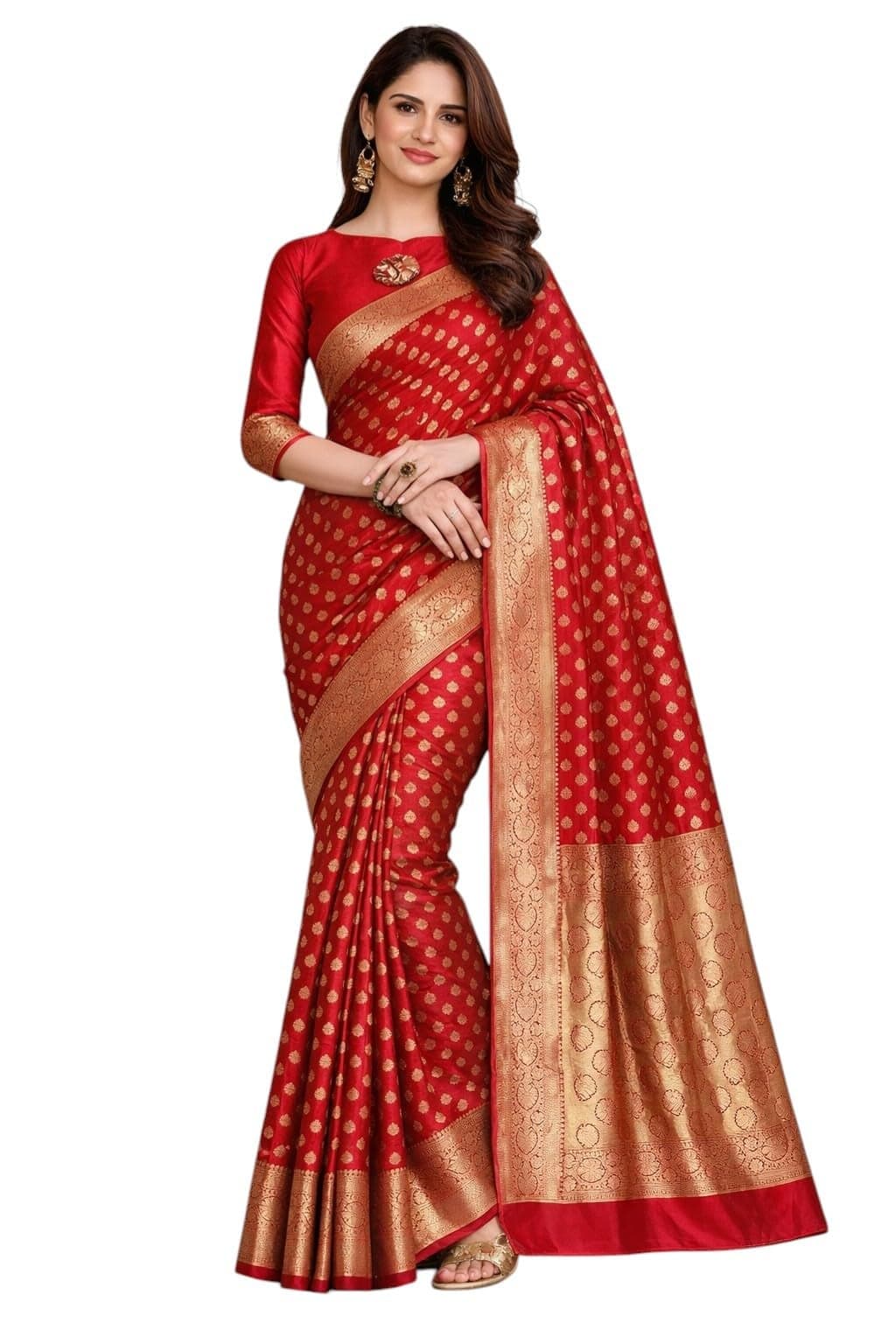 NoseQueen women fashion Multi-Colored Traditional banarasi silk saree | Cotton saree for farewell with UnStitched Blouse Piece (A.Red)