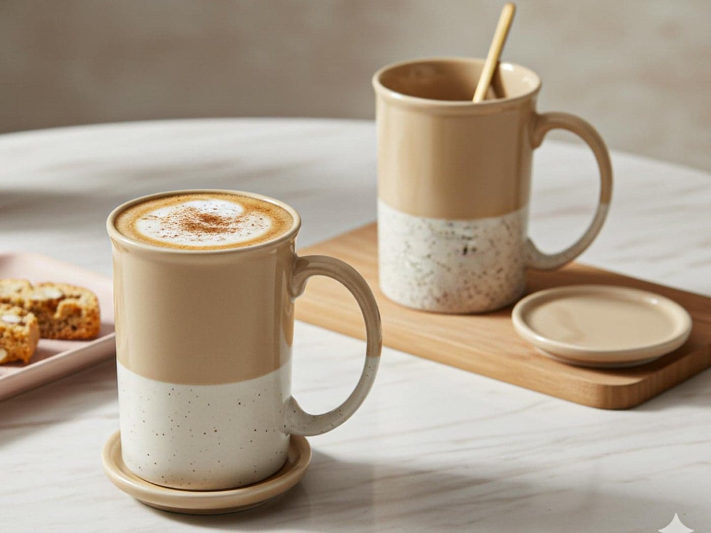 Bodhi House Ceramic Hand Glazed Tea and Coffee Mug with Coaster - 300 Ml | Set of 2 | Microwave and Dishwasher Safe | for Home Office - Beige