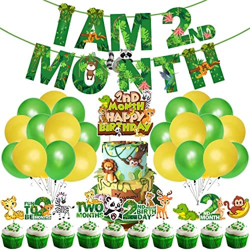 Zyozique Jungle Theme 2nd Month Birthday Decoration Kids,I AM 2nd Month Birthday Paper Banner with Latex Balloons, Cake Topper and Cup Cake Topper for Baby Boy or Girl Birthday (Pack of 37)