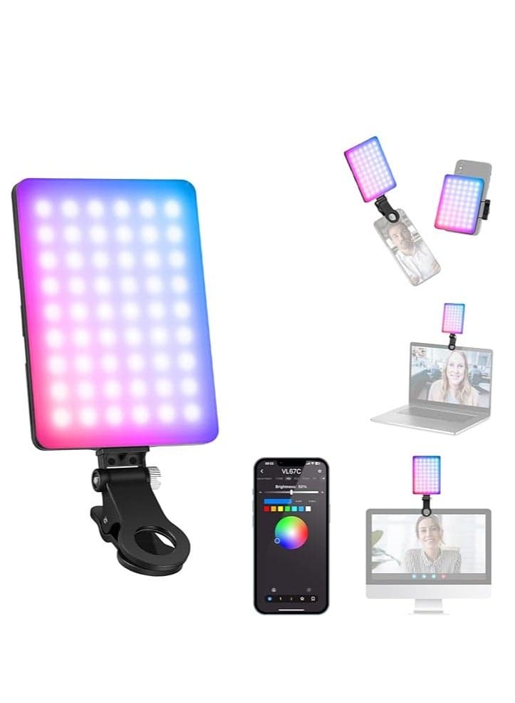 NEEWER VL67C RGB Selfie Light with APP Control, 94 LED CRI97 2000mAh Rechargeable, Cold Shoe Mount as Camera Light, Portable Front & Back Phone Clip for TikTok, Video Conference Light for Laptop black