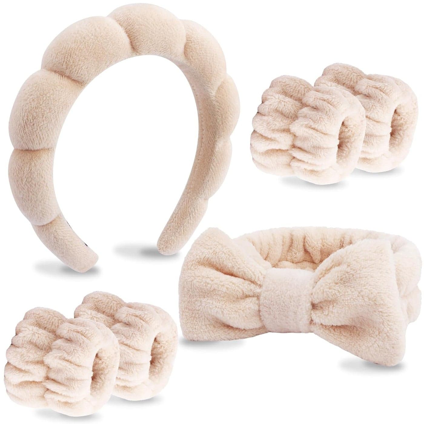 VELSCRUN 6 Pack Makeup and Skincare Headbands Brown Sponge Hair Band Bow Tie Set Wristband Hair Accessories for Women Gifts