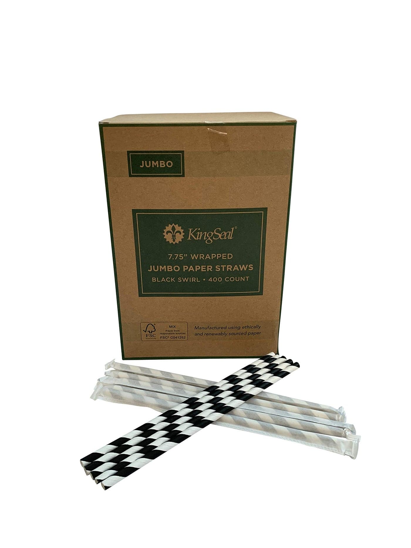 400 Count Kingseal FSC Certified Disposable Paper Drinking Straws Paper Wrapped 775 Length x 6mm Diameter Black Swirl Stripe Biodegradable Earth Friendly Bulk Pack 400 Straws per Box