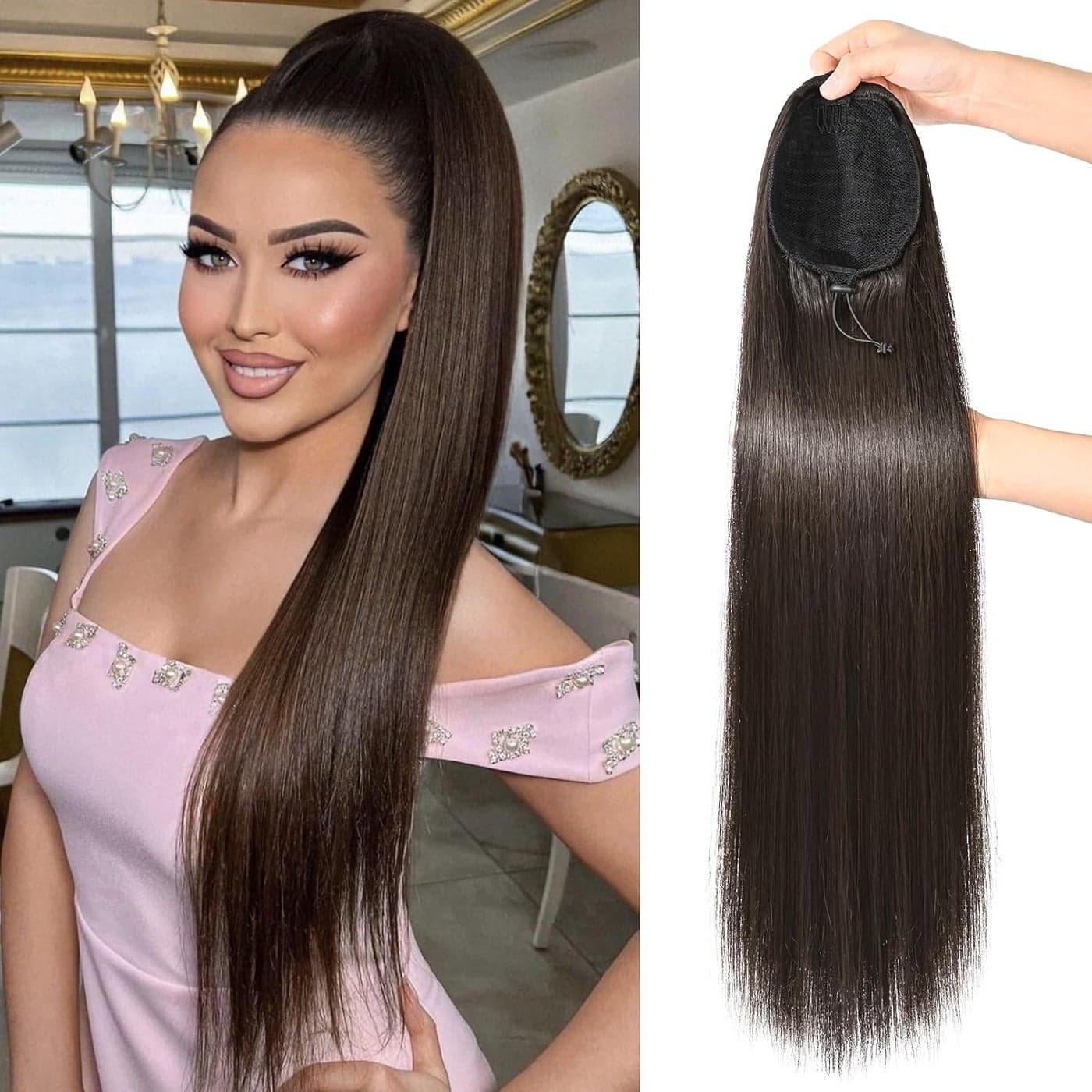 REECHO Ponytail Extension 28 Long Straight Drawstring Pony Hair Extension Synthetic Pony Tail Hairpiece for Women