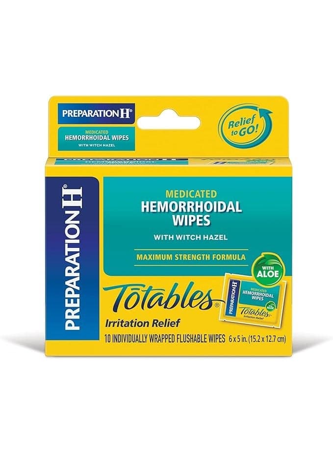 Preparation H (10 Count) Flushable Medicated Hemorrhoid Wipes, Maximum Strength Relief with Witch Hazel and Aloe, Irritation Relief Wipes to Go
