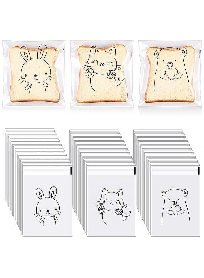 100 Pcs Cute Cookie Bags Self-adhesive,Cartoon Animal Cellophane Clear Sandwich Treat Bags Transparent Resealable Packaging Bag for Bread Bakery Toast Biscuits Candy Snack