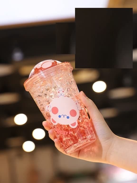 TEMSON Double Wall Cartoon Printed Sipper with Straw,Jelly Freezer Water Sipper for Kids, Acrylic Sipper Bottle with Straw - 450 ML (C - Pink)(BB 9017)