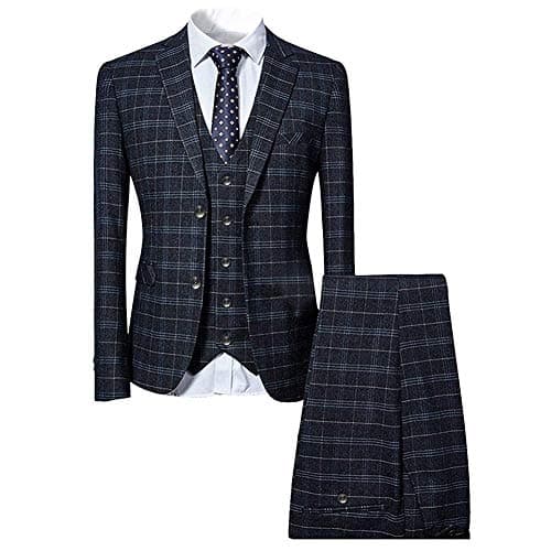 Mens 3 Piece Slim fit Checked Suit Blue/Black Single Breasted Vintage Suits,Black,X-Large