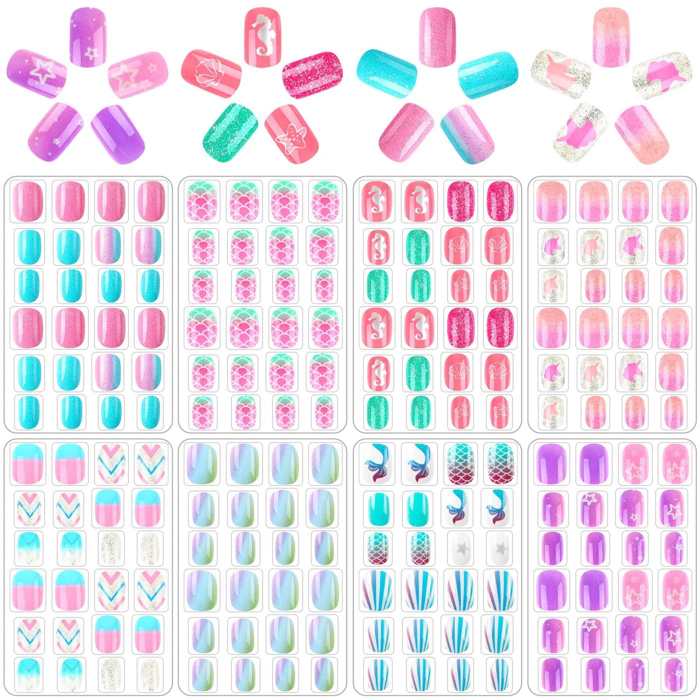JANYUN 192Pcs Fake Stick on Nails for Kids Preglue Full Cover Short False Nail Tips Stick on Nails for Kids Children Lovely Gift Girls Nail Art Decoration