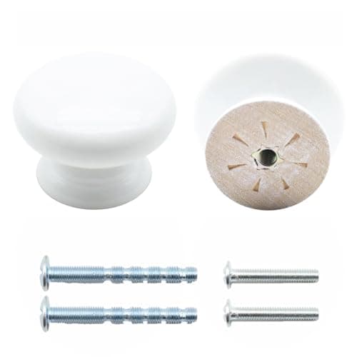 QYIMLI 2Pcs Wooden Cabinet Knobs, Wood Dresser Knobs Kitchen Cabinet Knobs Modern Round Knobs for Furniture Dresser Cupboard Drawer Closet Door (White)