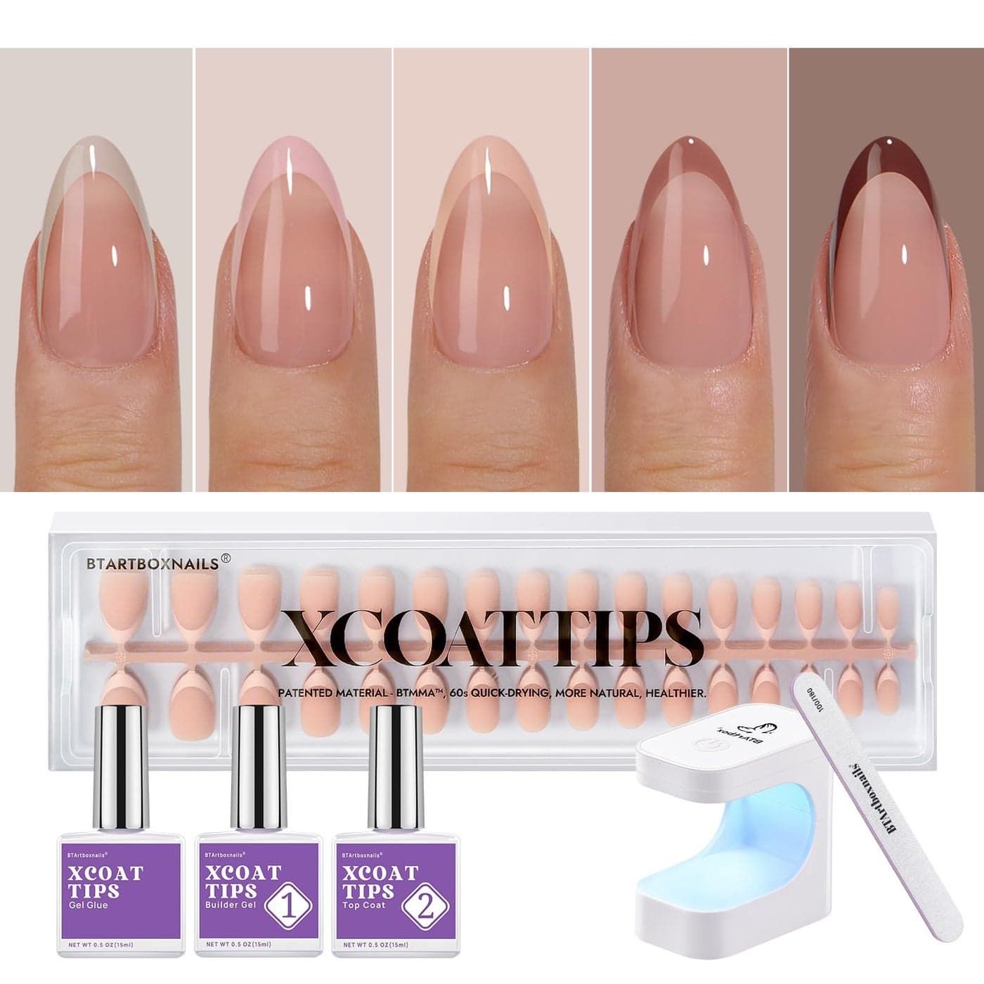 BTArtboxnails XCOATTIPS French Gel Nails Skin Tones Short Press On Nails Almond Soft Gel Nail Tips with Nail Gel French Protecting Duo Nail Lamp All in One Fake Nails