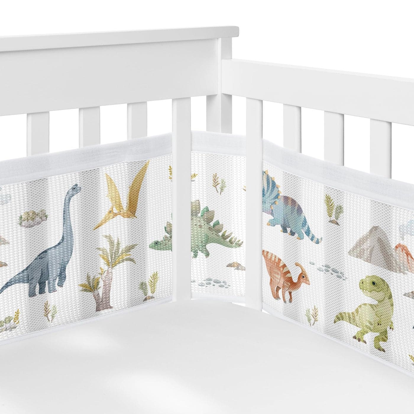 Sweet Jojo Designs BreathableBaby Watercolor Dinosaur Dino Boy Breathable Mesh Crib Liner Baby and Infant Green Blue White Modern Dinosaurs Jurassic Nature Animal Mustard Yellow Orange