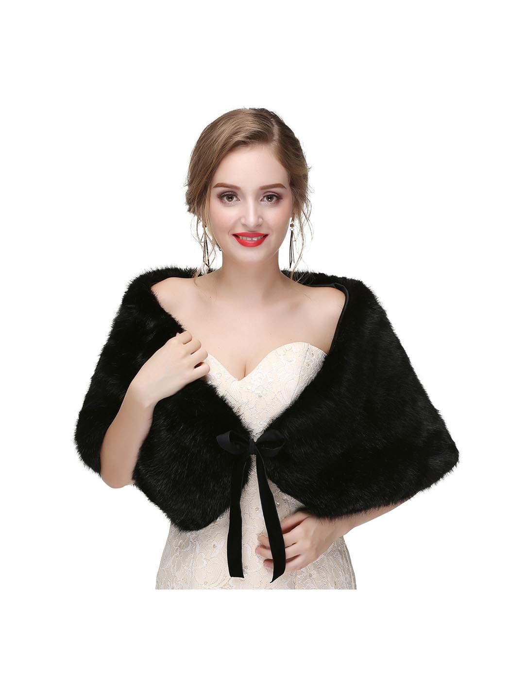 Olbye Women's Faux Fur Shawls and Wraps Wedding Fur Wrap 1920 Bridal Fur Stole Sleeveless Scarf for Bride and Bridesmaid (Black)