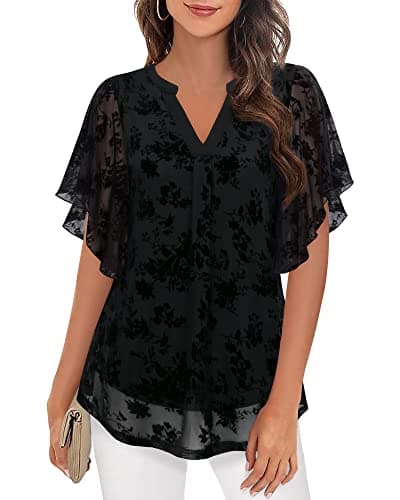 Timeson Womens Blouses and Tops Dressy,Short Sleeve Tunic Tops for Women Professional Clothes for Work Casual Business Attire Dress Shirts Summer Elegant Peasant Sheer Modlily Silk Tops Black Floral L
