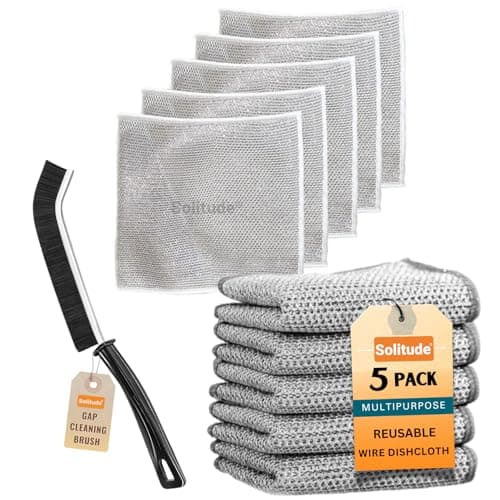 Solitude 6X Combo 5 Pack Non-Scratch Wire Dishcloth & 1 Mini Gap Cleaning Brush, Multipurpose Wire Dishwashing Rags for Wet and Dry, Easy Rinsing, Reusable, Wire Cleaning Cloth for Kitchen