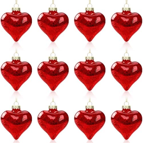 MOUNTCLIM Glass Heart Ornaments, Valentine's Day Hanging Decor for Home, Party, and Valentines Day Tree, 12PCS Red Antique 3D Hanging Decor for Valentines Day Tree Valentine's Day