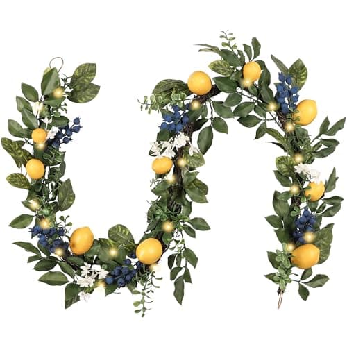 Valery Madelyn Summer Lemon Garland for Mantle with Lights, 6FT Spring Fake Fruit Eucalyptus Garland for Stairs, Artificial Thick Faux Greenery Vine for Farmhouse Home Kitchen Table Centerpiece