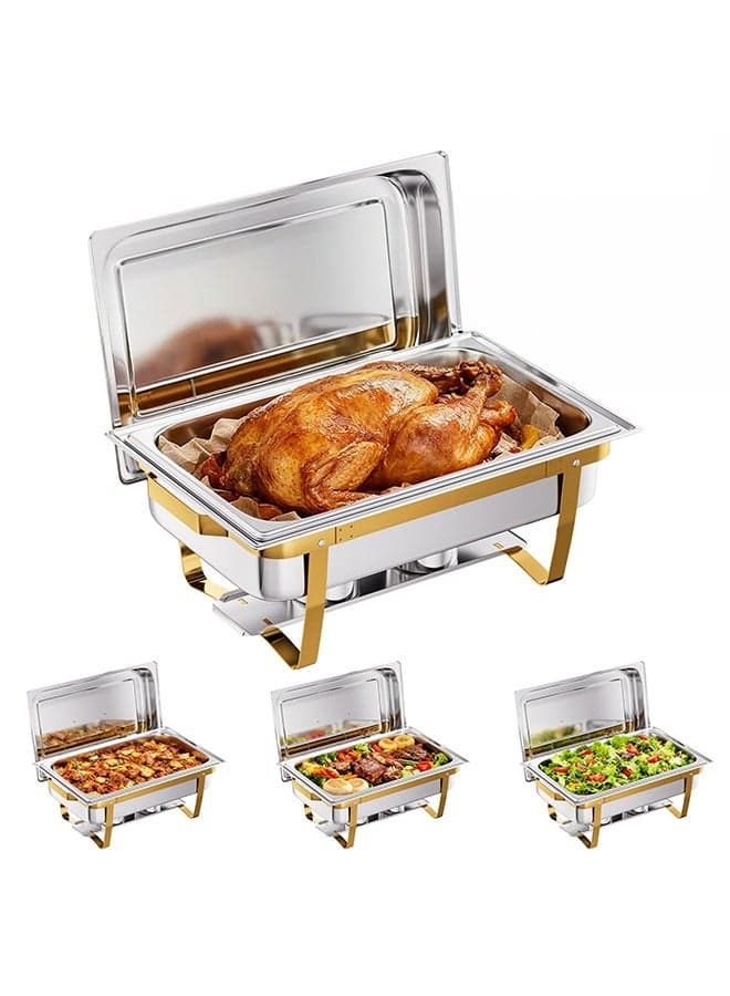 Thickened Stainless Steel Chafer Set 4-Piece, Heavy-Duty Buffet Warmer with Full-Size Pans, Folding Stand, Water Pan & Fuel Holder, Complete Catering for Events gold, (60×36.5×29.9cm)
