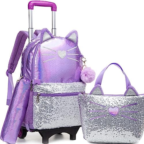Meetbelify Cute Cat Rolling Backpack for Girls Backpacks with Wheels for Elementary Kindergarten Purple Roller Backpack on Wheels with Lunch Box Set for Girls 68