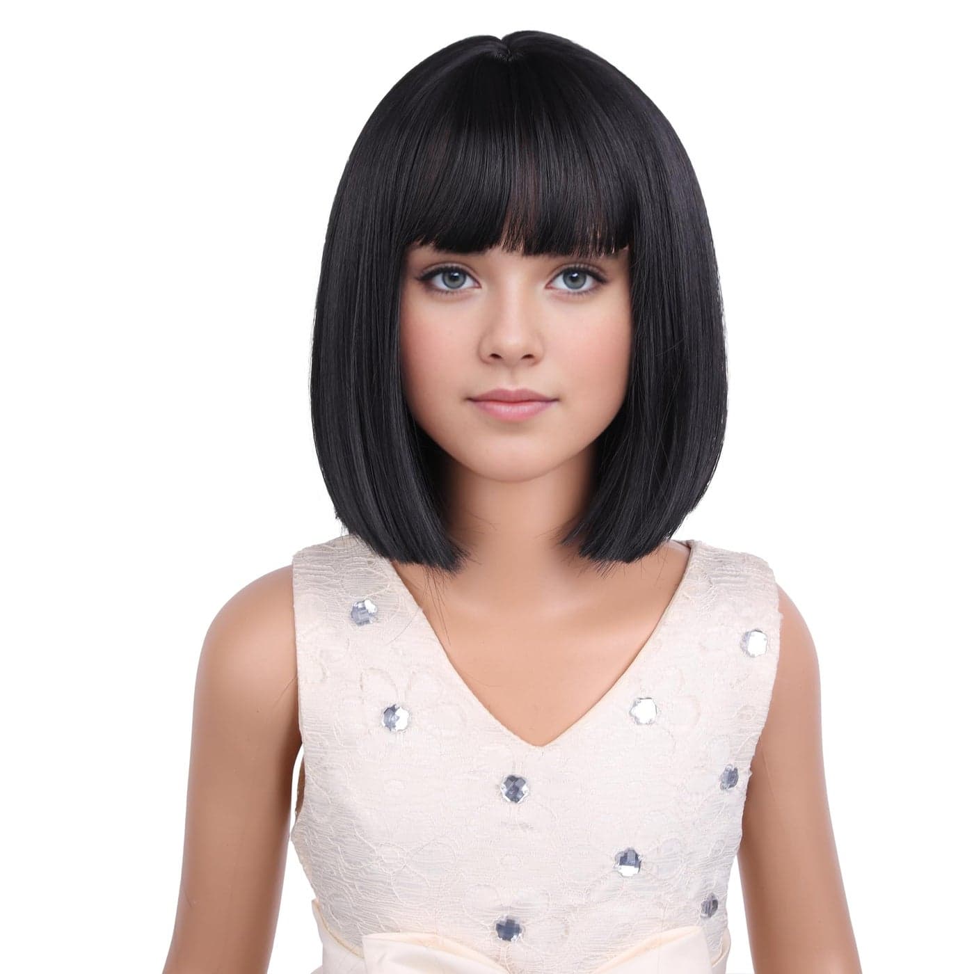 PATTNIUM Kids Black Wig Child Black bob Wig Short Black Wig for Girls Cosplay Party Synthetic Rose Net Daily Wear Wig Black