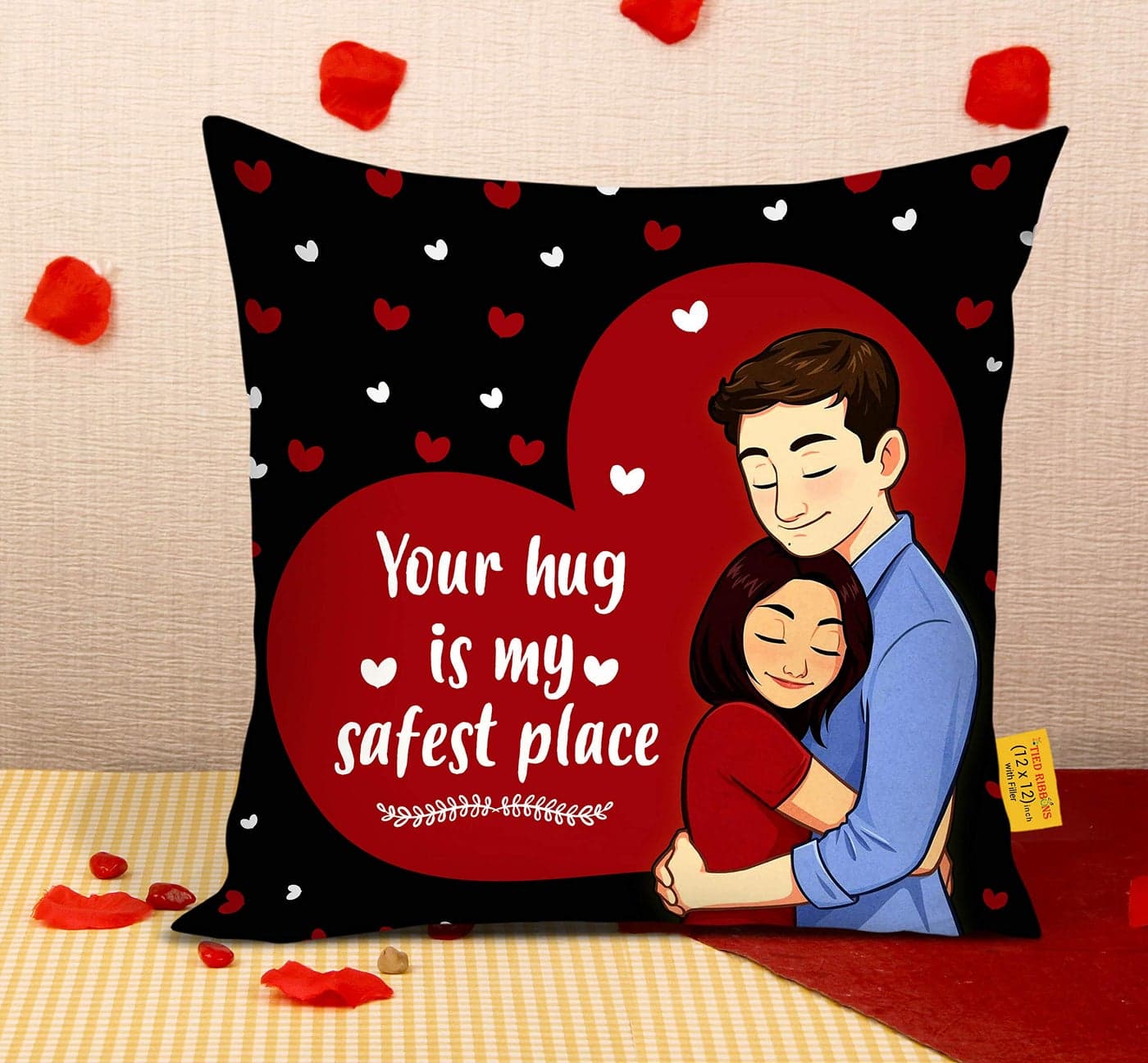 TIED RIBBONS Valentine Gift for Boyfriend Girlfriend Girls Boys Husband Wife Love Couple Birthday Wedding Anniversary Combo Pack Printed Pillow Cushion Cover with Filler (12 X 12 Inch)