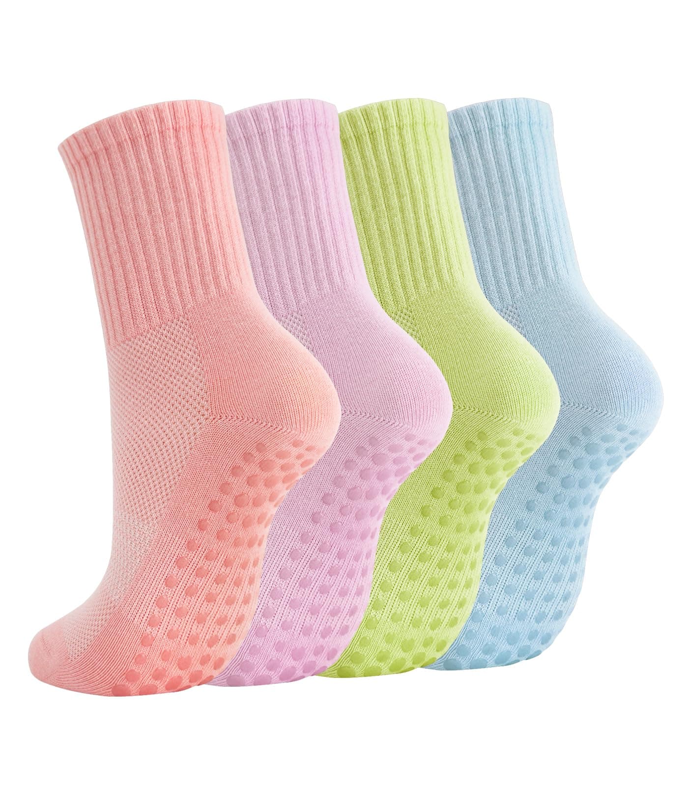 Breslatte Crew Pilates Socks with Grips for Women Non Slip Cotton Grip Socks for Yoga Hospital Barre Home Daily Mesh Gifts pinkgreenpurpleblue