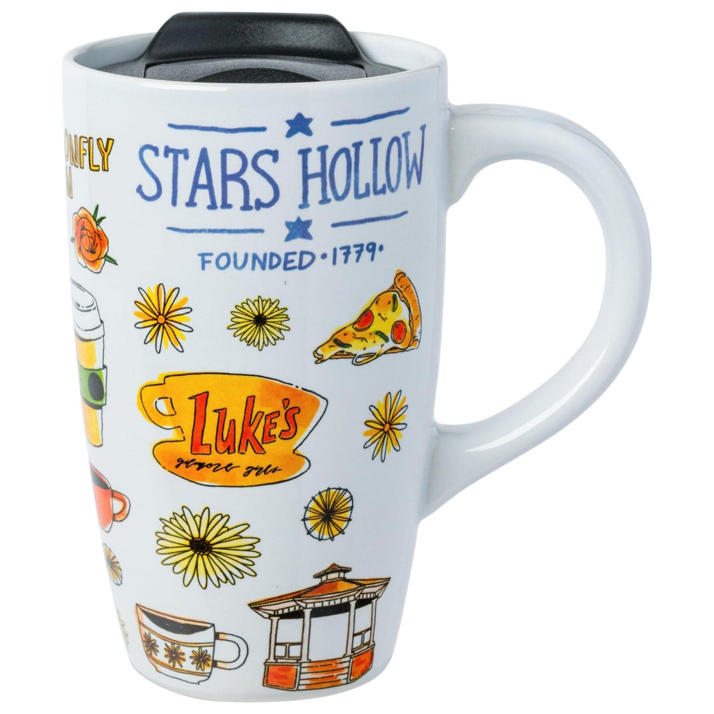 Silver Buffalo Gilmore Girls Iconic Icons Stars Hollow Lukes Diner Ceramic Travel Mug with Slide Close Lid and Handle 16 Ounces