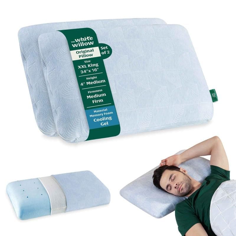The White Willow Memory Foam Pillow Set of 2-Cool Gel Pillow For Neck & Shoulder Pain-Cervical Pillow For Sleeping-Orthopedic Pillow For Back,Side & Stomach Sleeper-Medium Firm-XXL King Size-4"H-Blue
