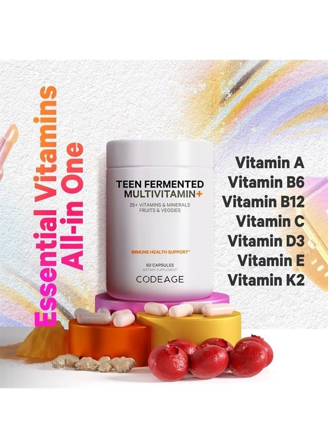 Teen's Daily Multivitamin Supplement, 25+ Vitamins & Minerals for Teenage Boys & Girls, Organic Whole Foods Vitamins for Teenagers, Vitamin A, B Vitamins, Vitamin C, D, E, K, Omega-3, 60 Ct