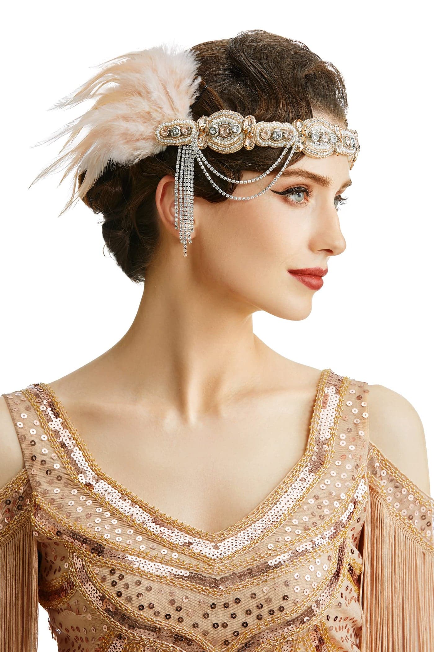 BABEYOND 1920s Flapper Headband Roaring 20s Gatsby Headpiece Black Feather Headband 1920s Flapper Hair Accessories Nude Pink