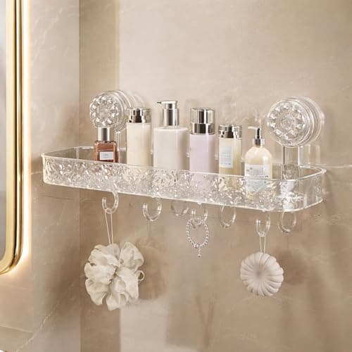 SHALVI Transparent Suction Wall Mounted Plastic Bathroom Shelf | Self Adhesive Bathroom Shelf | Bathroom Organiser Without Drill, Wall Mounted Bathroom Organizer, Water Ripple Design(Pack of 1)