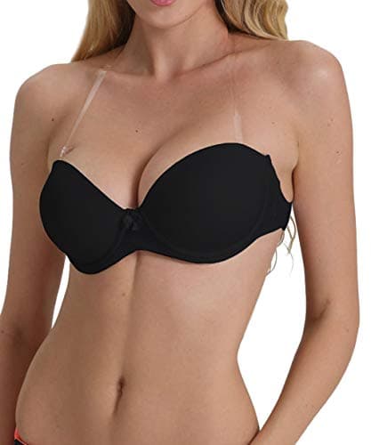 Strapless Bra with Clear Back Invisible Strap Push Up Padded Underwire Backless Halter Bralette 32D, Black