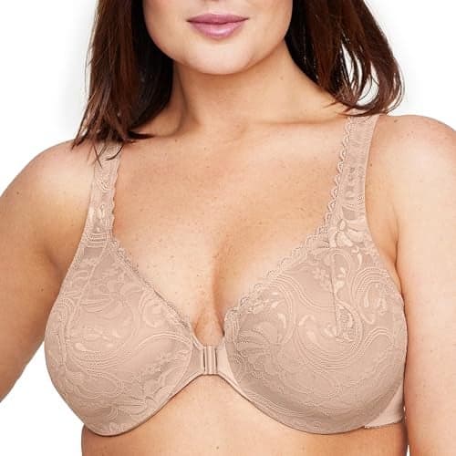 Full Figure Plus Size Wonderwire Front-Closure Stretch Lace Bra Underwire #9245 Café