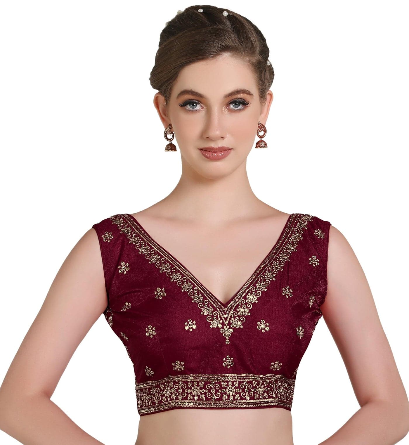 Pujia Mills Women's Indian Ethnic Wear Designer Golden zari with Embroidery Sequence Work V Neck Sleeveless Readymadeback Side Worked Saree Blouse Readymade Maroon Blouse Lehenga Choli