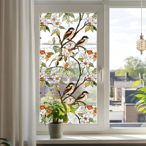 Runtoo Window Privacy Film Frosted Bird Flowers Window Clings 3D Bathroom Decorative Vinyl Stained Glass Floral Branch Leaves Decals Static Sticker Non-Adhesive Door Cover, 17 x 40 inches