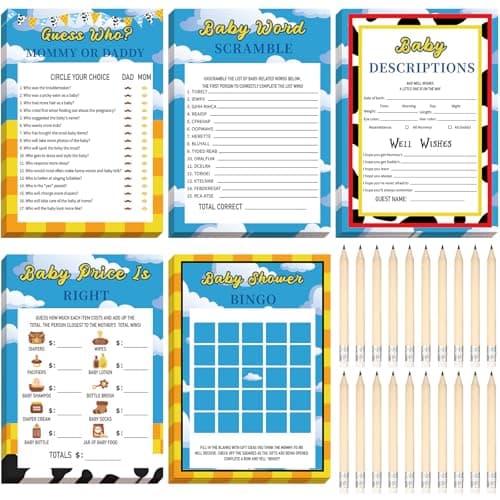 Yinder 145 Pcs Baby Shower Games Activities Cards with 20 Pencils Includes Baby Bingo Description and Wishes Guess Who Price is Right Word Scramble GameBoy