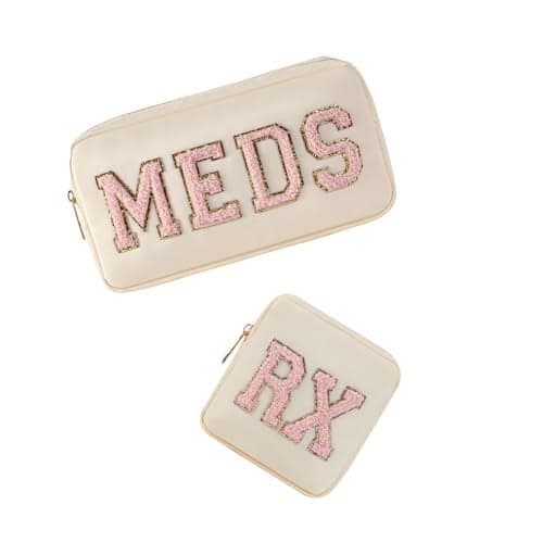 2pcs Personalized Chenille Letter Patch MEDS and RX Bags SetCute Nylon Drug Medicine Travel Makeup Bag with Zipper Preppy Vitamin Organizer Bag for Women and Girls RXMEDS Beige