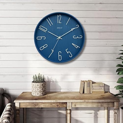 OREVA 12 Inch Round Fancy Embossed Number Dial Contemporary Stylish Quartz Clocks Modern Analog Silent Wall Clock for Living Room Bedroom Latest Home Décor Office AQ-9517SS (Blue)