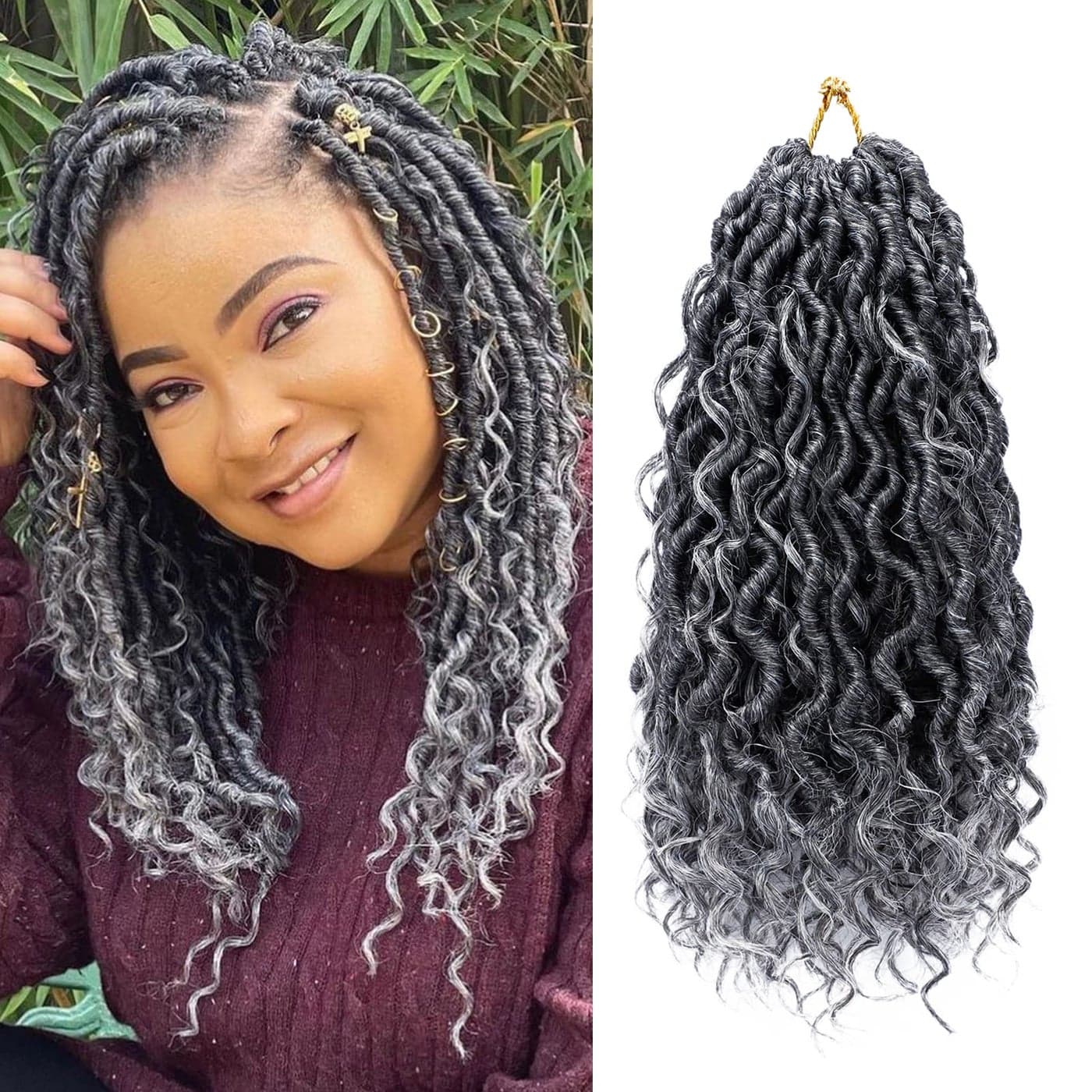 Goddess Locs Crochet Hair 12 Inch 7 Packs Ombre Grey Boho Faux Locs Crochet Hair for Black Women Pre Looped Crochet Locs with Curly Ends 1BGray