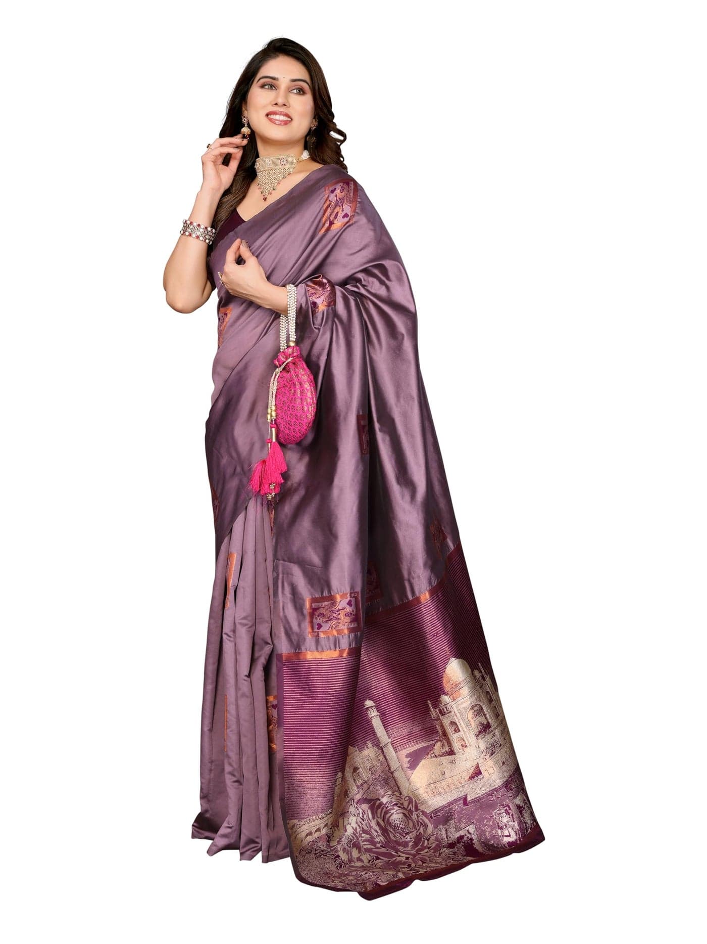 Sidhidata Women's Kanjivaram Banarasi Soft Silk Saree With Unstitched Blouse Piece (Silk Begam Dark Onion_Dark Onion_Free Size)