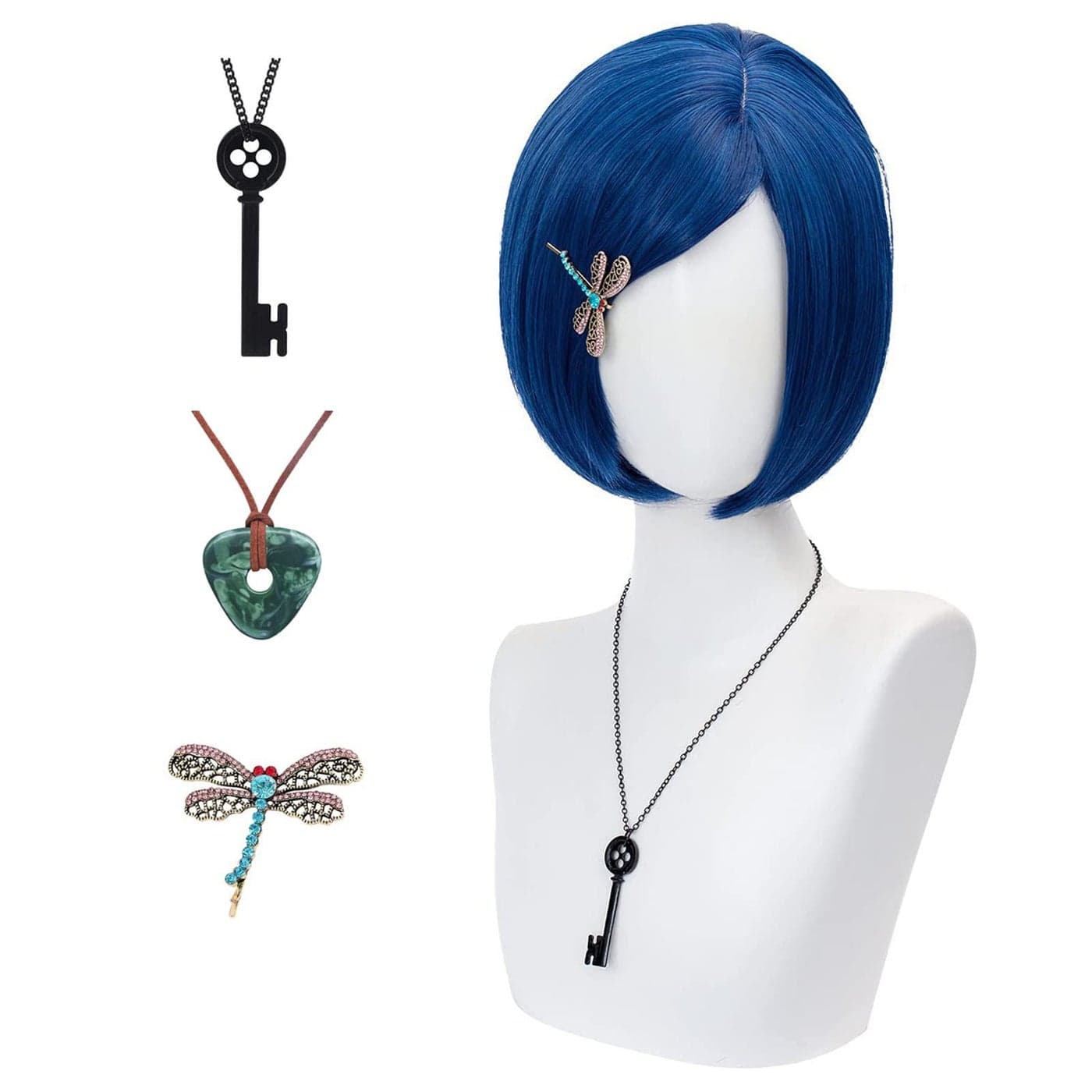 ZNTU Coraline Cosplay Wig for Women Dark Blue Bob Short Straight Synthetic Wigs With Key Necklace Dragonfly Hairpin Halloween Costume Party Cosplay Wig
