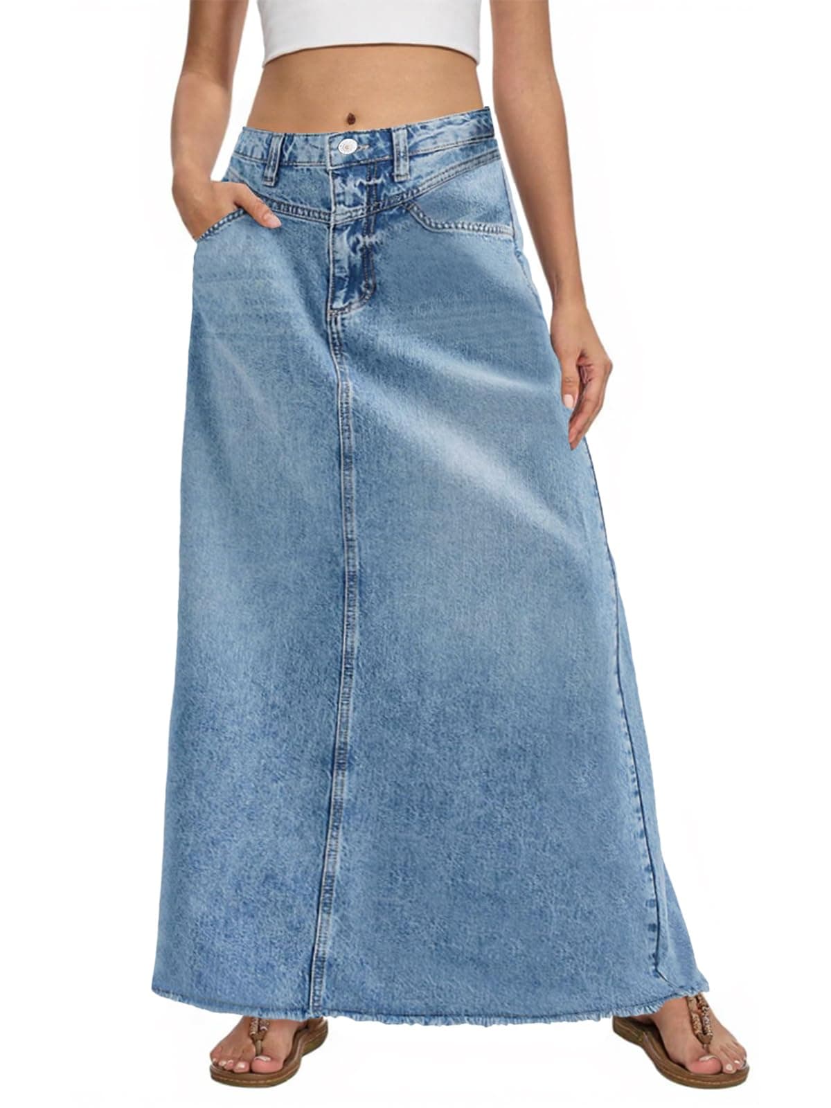 Fisoew Womens Vintage Denim Maxi Skirt Casual High Waist ALine Frayed Hem Long Jean Skirt with Pockets