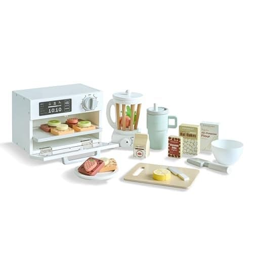 Teamson Kids Little Chef Santa Barbara Wooden Healthy Dessert Set 27 Pieces Pretend Toy Food Accessories Plus Oven Blender Educational RolePlay for Kids Ages 3 White