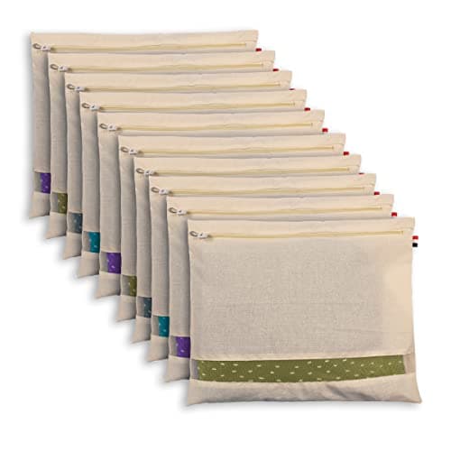 SOLSTICE cotton big saree covers/bags for storage single (18 x 15 Inches) for big silk sarees, lehengas, clothes with Zipper Closure (with Window - Pack of 10), Beige