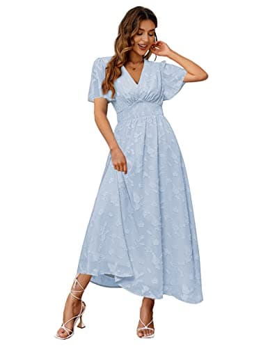 Simplee Women's Boho Floral V Neck Short Sleeve Formal Maxi Ruffle Dress Summer Long Flowy Lace Bridesmaid Wedding Party Evening Dress (XL Blue)