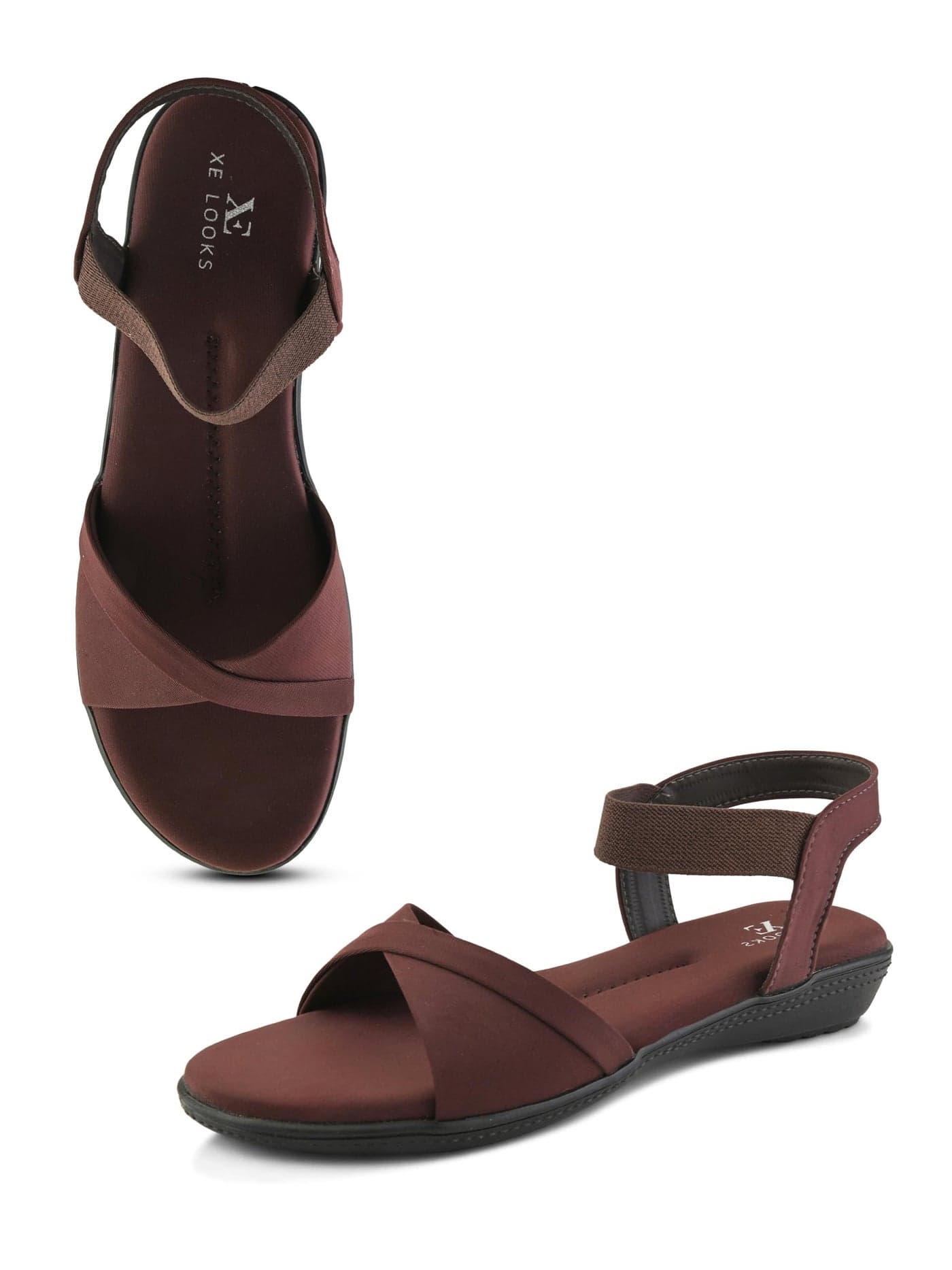 XE Looks Brown Criss-Cross Flat Sandals for Women | Secure Ankle Strap | Cushioned Footbed | Lightweight Casual Footwear For Girls