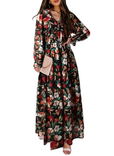 BLENCOT Womens Casual Floral V Neck Long Sleeve Long Evening Dress Cocktail Party Maxi Wedding Dresses Flower Printed Black Pattern 2 X-Large