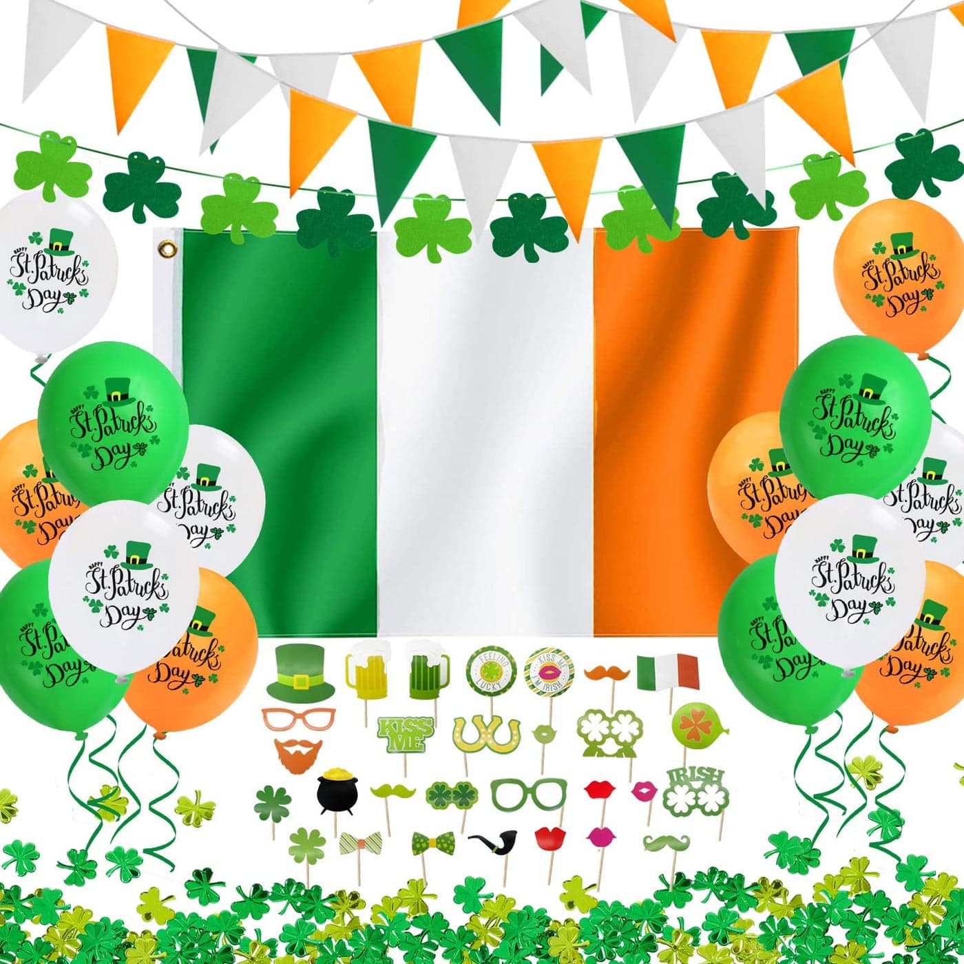 iZoeL St Patricks Day Decorations St Patricks Day Accessories Irish Flag Bunting St Patricks Day Balloons Photo Booth Props Shamrocks Confetti for Home Bar Irish Paddys Day Outside Party Decoration
