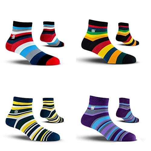 SockSoho Premium ANKLE LENGTH Socks for Men Combo | Stripes Set(Pack of 4 | Material : Combed Cotton | Color : Black, White, Blue, Purple I Size: Free (UK 7 to 12) I Length : Ankle)