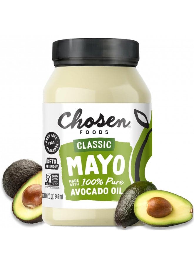 Chosen Foods 100% Avocado Oil-Based Classic Mayonnaise, Gluten & Dairy Free, Low-Carb, Keto & Paleo Diet Friendly, Mayo for Sandwiches, Dressings and Sauces, Made with Cage Free Eggs (32 Fl Oz)
